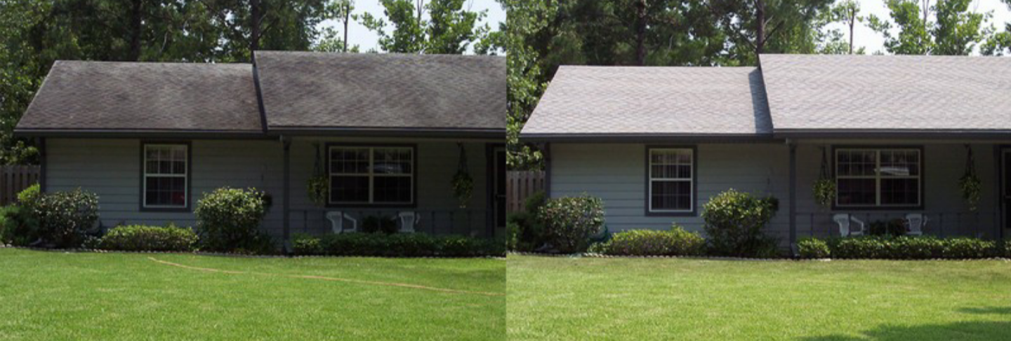 Before and after comparison of house exterior soft washing