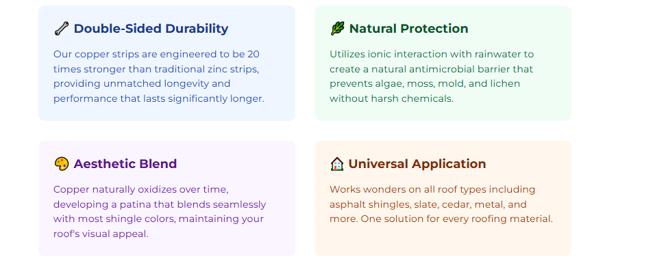Copper strips features: Double-sided durability, natural protection, aesthetic blend, and universal application